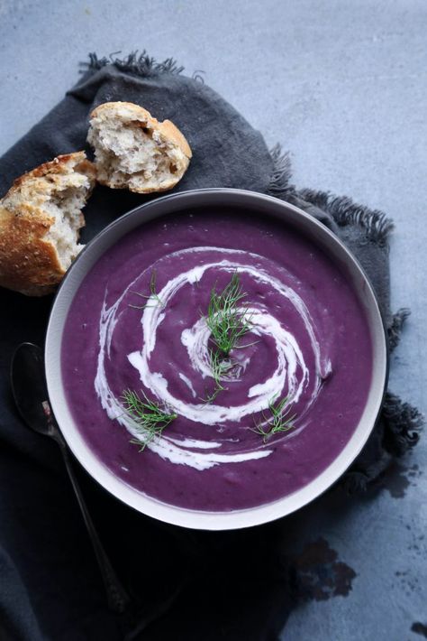 Purple Sweet Potato Recipes, Potato Cauliflower Soup, Purple Potato Recipes, Purple Sweet Potato, Roasted Potato Recipes, Purple Potatoes, Croutons Homemade, Purple Sweet Potatoes, Vegan Soup Recipes