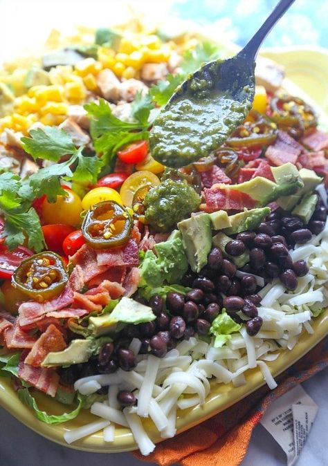 Southwestern Cobb Salad is made with a spicy cilantro lime vinaigrette. This easy cobb salad recipe is out of this world! The vinaigrette is something I make almost once a week, and this salad is one of my favorites to put it on! #southwestern #cobb #salad #cobbsalad #cobbsaladrecipe #southwesternsalad #easysalad #dinnersalad #cilantrolime #vinaigrette Cilantro Lime Vinaigrette, Cobb Salad Recipe, Cilantro Lime Slaw, Cookies And Cups, Savory Salads, Lime Vinaigrette, Cowboy Baby, Main Dish Salads, Homemade Dinner