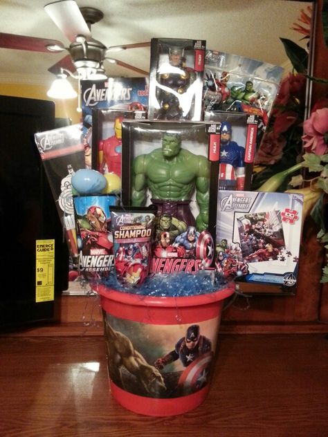 Avengers theme basket Avengers Gift Basket, Candy Tower, Theme Basket, Basket Theme, Graduation Centerpieces, Theme Baskets, Unique Easter Baskets, Best Secret Santa Gifts, Boys Easter Basket