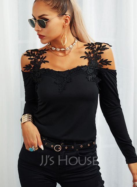 Diy Cut Shirts, Cold Shoulder Lace, Lace Outfit, Cold Shoulder Long Sleeve, Blouse Diy, Refashion Clothes, Cut Shirts, Sleeves Pattern, Trendy Tops