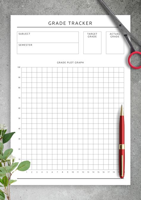 Track student grades with this helpful and easy-to-use template. Calculate semester progress and mark your progress on a convenient graph. Select the required sheet size and send them to print. Sections available in this template: Subject Name,; Semester,; Target Grade,; Actual Grade,; Grade Plot Graph,; 20 horizontal lines with date, assignment and grade information,. Grade Tracker Printable, Grade Tracker Template, Grade Tracker Sheet, Student Tracking Sheet, Student Grade Tracker, Bullet Journal Assignment Tracker, Grade Book Template, Tracking Student Progress, Plot Graph