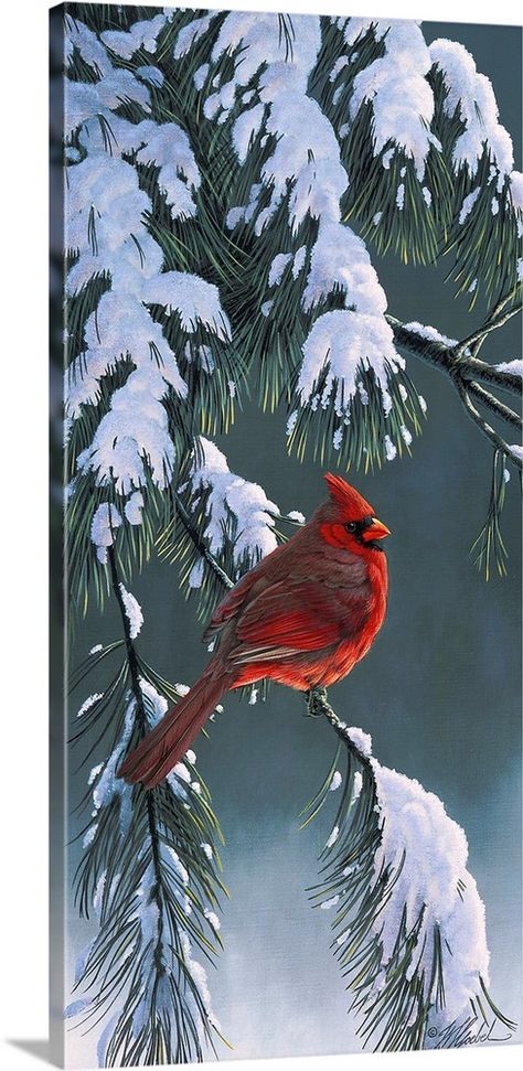 Stretched Canvas Print entitled Winter Light I.  Cardinal on a snowy branch.  Multiple sizes available.  Primary colors within this image include Navy Blue, Pink, Silver, Gray.  Made in the USA.  Satisfaction guaranteed.  Inks used are latex-based and designed to last.  Canvas is acid-free and 20 millimeters thick.  Canvases have a UVB protection built in to protect against fading and moisture and are designed to last for over 100 years. Miniature Canvas Paintings Christmas, Window Painting Canvas, Christmas Acrylics, Cozy Winter Aesthetic, Cardinals Birds, Cardinal Birds Art, Winter Scene Paintings, Cardinal Painting, Winter Woods