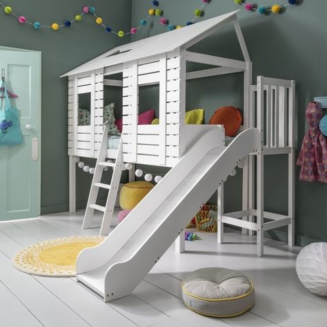 Cabin Bed With Slide, Mid Sleeper Cabin Bed, Treehouse Bed, Sleepover Beds, Storage Toys, Mid Sleeper, Mid Sleeper Bed, Treehouse Cabins, Cabin Bed