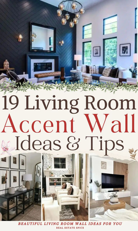 says 19 living room accent wall ideas and tips with 4 images of living room wall ideas with wall paneling photo gallery wall wallpaper herringbone wall below says beautiful living room wall ideas for you Photo Gallery Walls, Living Room Accent Wall Ideas, Room Accent Wall Ideas, Living Room Accent Wall, Fireplace Accent Walls, Faux Brick Panels, Green Accent Walls, Accent Wall Ideas, Black Accent Walls