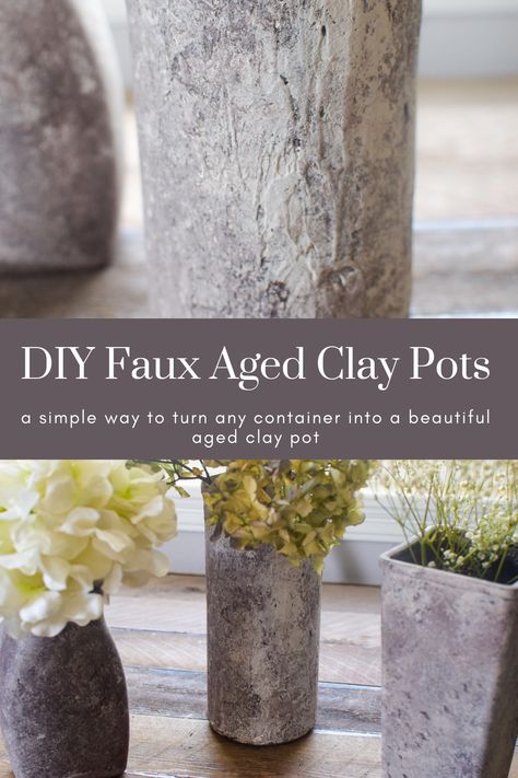 Sharing a fun DIY for Faux Aged Clay Pots that you can use any glass container to make these very real looking stone or clay finished vases, or pots for your home. It is a great way to repurpose or use items from the thrift store or your home to create a lovely faux aged clay pot for your home. Sharing 2 ways to get the look in this DIY tutorial. How To Make Clay Pots Look Old, How To Make A Plastic Pot Look Like Concrete, Diy Aged Vessel, Aging Terra Cotta Pots Diy, Make Plastic Pots Look Like Stone, How To Make Plastic Pots Look Like Stone, Diy Clay Pots For Plants, Concrete Pottery, French Clay Pots