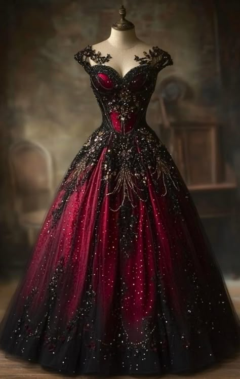 Red Assassin Outfit, Black And Red Dress Formal Ball Gowns, Red And Black Ball Gown, Witches Dress, Goth Wedding Dresses, Black Gown Dress, Ball Gowns Princess, Fantasy Dresses, Dress Design Sketches