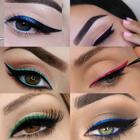 Double Color Eyeliner, Colored Eyeliner Looks For Hooded Eyes, Double Liner Eye Makeup, Colorful Liner Makeup, Gel Eyeliner Tutorial, Liquid Eyeliner Tutorial, Eyeliner Art, Eyeliner Eye Makeup, Color Eyeliner Makeup