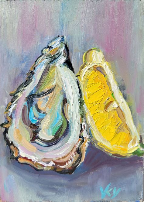 Lemon Aesthetic Art, Painting Oyster Shells, Beach House Decor Kitchen, Oyster Painting, Oyster Art, Lobster Art, Lemon Painting, Coastal Artwork, Bright Art