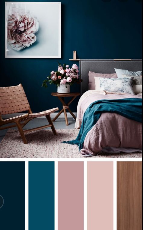 Tea, rose gold and cream. My bedroom colors 🤤🤤🤤🤤 cant wait. Piece by piece. Girls Bathroom Colors, Dark Blue Walls, Bedroom Colour Palette, Cute Bedroom Ideas, Bedroom Wall Paint, Bedroom Color Schemes, Bedroom Paint Colors, Trendy Bedroom, Design Hotel