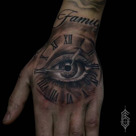 Eye in a Family clock Tattoo Eye With Clock Tattoo Design, Family Clock Tattoo, Clock With Eye Tattoo Design, Hand Clock Tattoo, Eye And Clock Tattoo, Eye Clock Tattoo, Time Clock Tattoo, Eye Tattoo Meaning, Realistic Eye Tattoo