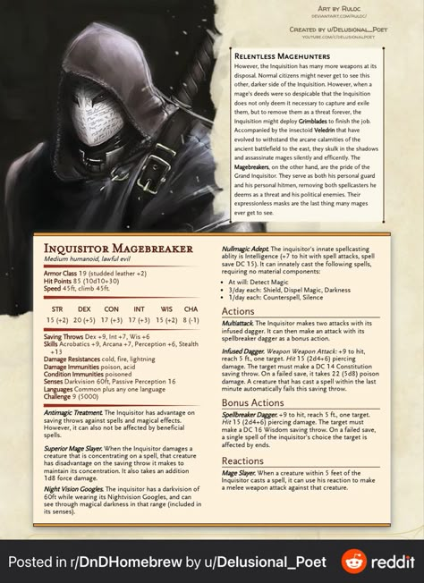 Spellbreaker Dnd, Wizard Stat Block, Stat Block 5e, Dnd Ravenloft, Dnd 5e Homebrew Monsters, Arcane Knight, Dnd Demon, Dnd Homebrew Monsters, Mage Hunter