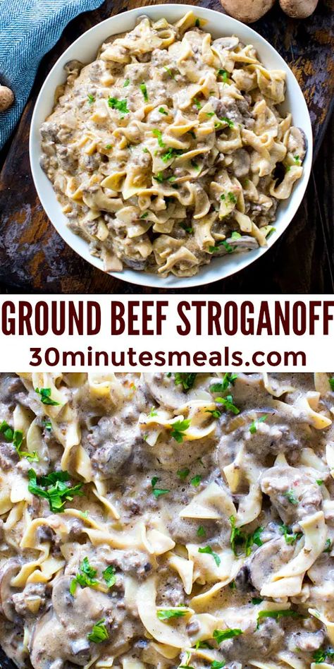 Easy Ground Beef Stroganoff Recipe - 30 minutes meals Stroganoff Beef, Easy Ground Beef Stroganoff, Beef Stroganoff Crockpot, Beef Stroganoff Easy, Slow Cooker Beef Stroganoff, Ground Beef Stroganoff, Easy Ground Beef, Stroganoff Recipe, Dinner With Ground Beef