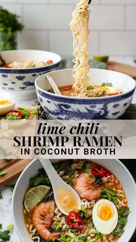 An easy recipe for lime chili shrimp ramen made from scratch and slow-cooked to perfection. This is a slow cooker ramen made with freshly caught gulf shrimp, but you can also use other seafood in this recipe. You can also make this recipe with an instant pot or on the stovetop (directions for all methods are included). Slow Cooker Ramen, Shrimp Ramen, Chili Shrimp, Shrimp Noodles, Berry Cake, Fall Dinner Recipes, Warm Food, Fall Dinner, Sourdough Recipes