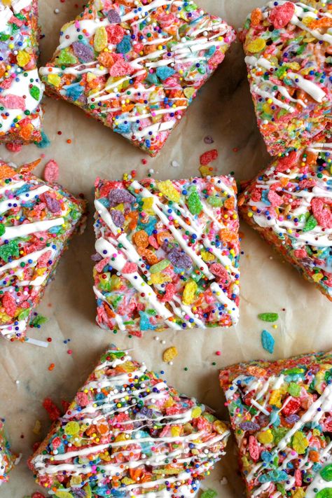 Fruity Pebble Marshmallow Treats - My Messy Kitchen Fruity Pebble Bars, Rice Krispie Treats Variations, Peanut Butter Cereal Bars, Fruity Pebbles Treats, Fruity Pebble, Fruity Pebbles Cereal, Easy Treats To Make, Pebbles Cereal, Rainbow Top