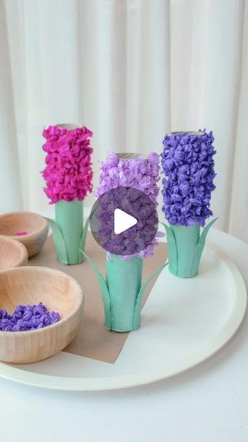 Baker Ross on Instagram: "Join @Mummy_and_my_three in making Paper Roll Hyacinth Flowers - super simple!   You’ll need:  🌺  Cardboard tubes 🌺  Paint 🌺  Glue 🌺 Tissue Paper  #springflowers #bakerross #diyflower #springproject #hyacinth" Tissue Tube Crafts Ideas, Cardboard Rolls Diy Ideas, Tissue Paper Roll Crafts, Tissue Roll Crafts, Easy Recycled Crafts, Spring Flower Crafts, Hyacinth Flower, Tissue Paper Roll, May Crafts