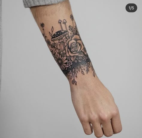 Wrist Nature Tattoos, Garden Forearm Tattoo, Forearm Garden Tattoo, Mushroom Arm Band Tattoo, Mushroom Band Tattoo, Mushroom Flower Tattoo, Forearm Wrap Around Tattoo, Secret Garden Tattoo, Cool Nature Tattoos