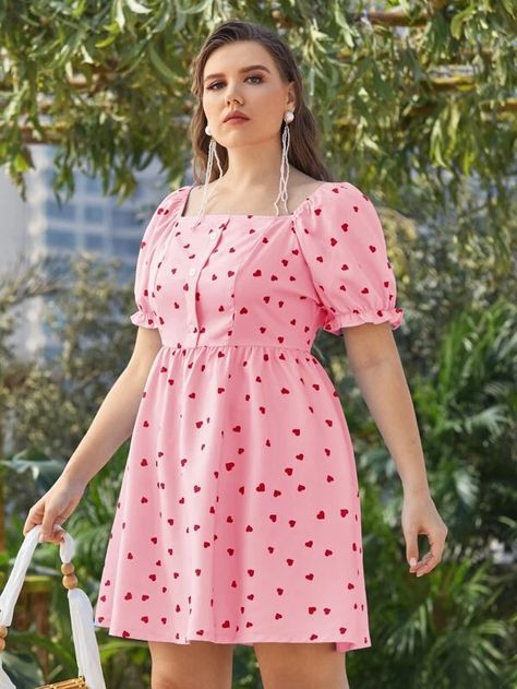 Plus Heart Print Flounce Sleeve A-line Dress | SHEIN Apple Body Shape Clothes, Ladies Frock Design, Girls Frocks Design, Baby Frock Design, Coquette Kawaii, Simple Frock Design, Simple Frocks, Pajama Fashion, Baby Frock