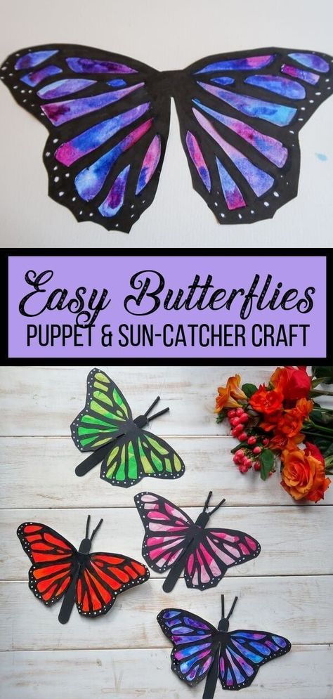 This easy butterfly craft is actually two crafts in one. The butterflies can be folded and used as puppets with flapping wings. Alternatively, you can use our free template to create suncatcher butterflies. These will also work as puppets if you wish.  Our free downloadable template makes creating these butterflies simple. The final result looks great and is really easy for little hands to decorate.  #butterfly #butterflycrafts #easycrafts #suncatchers #puppets #butterflycraft #kidscrafts Easy Butterfly Craft, Butterfly Crafts For Kids, Butterflies Simple, Diy Paper Art, Easy Butterfly, Butterfly Craft, Suncatcher Craft, Butterfly Template, Puppet Crafts