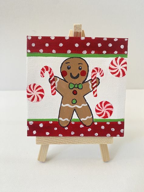 Mini Christmas Paintings On Canvas, Mini Canvas Art Christmas, Mini Canvas Christmas Paintings, Mini Christmas Canvas, Canvas Painting Cute, Doodle Paint, Painting Cute, Mini Easel, Christmas Paintings On Canvas