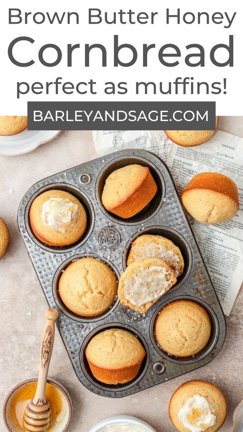 These brown butter honey cornbread muffins have a light and fluffy cornbread base topped with whipped honey butter and flaky sea salt! They're the perfect side dish to classic southern comfort foods like chili, barbecue, or fried chicken! Southern Comfort Foods, Whipped Honey Butter, Zucchini Cornbread, Honey Cornbread Muffins, Fluffy Cornbread, Savory Muffins Recipes, Whipped Honey, Honey Bread, Creamy White Chicken Chili