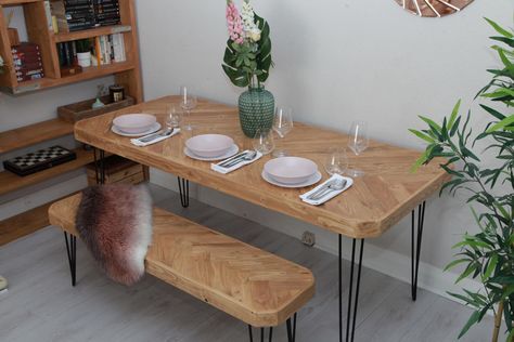 Rustic Herringbone Dining Table With Optional Bench Made to Match - Etsy UK Herringbone Dining Table, Dining Table In Kitchen, Herringbone, Kitchen Dining, Bench, Dining Table, Etsy Uk