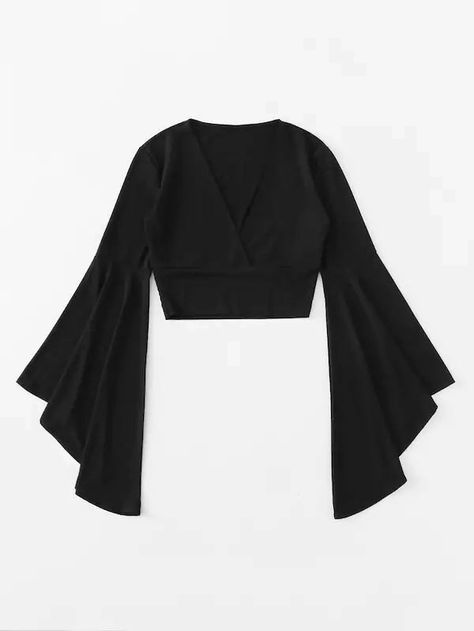 Plus Flounce Sleeve Surplice Crop Top | SHEIN USA Wrap Crop Tops, Maxi Dress Cocktail, Flounce Sleeve, Bridal Lingerie, Tops Fall, Plus Size Blouses, Cropped Top, Black Crop Tops, Flared Sleeves