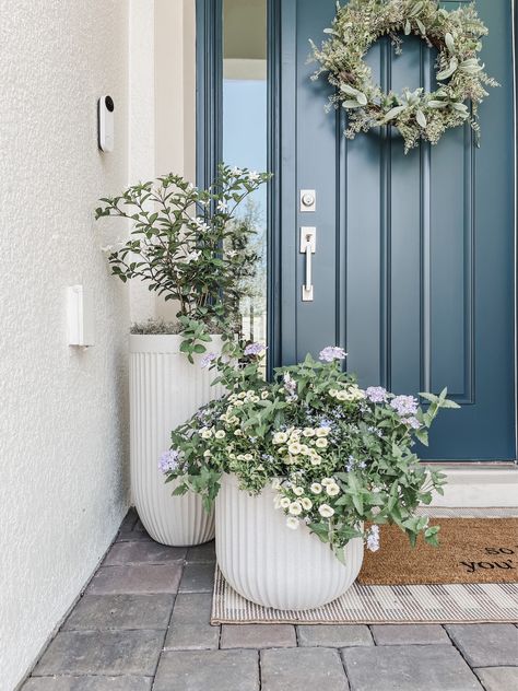 Shop Off-White Fluted Low Planter, 12" and other curated products on LTK, the easiest way to shop everything from your favorite creators. White Outdoor Planters Front Door, Flower Garden Ideas In Front Of House Simple Entrance, Plants By Front Door Entrance, Front Entrance Planter Ideas, Blue And White Planter, Planter Front Of House, Ideas For Front Door Decor Entrance, Plants Outside Front Door, Front Door Planter Ideas Entrance