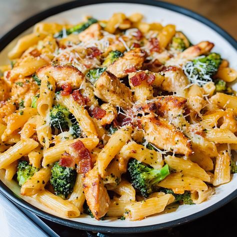 Cheesy Bacon Chicken Pasta with Broccoli – Full Recipe Chicken Pasta With Broccoli, Bacon Chicken Pasta, Broccoli Alfredo Pasta, Chicken And Broccoli Alfredo, Cheesy Bacon Chicken, Pasta With Broccoli, Cheesy Chicken Pasta, Quick Foods, Broccoli Pasta Recipe