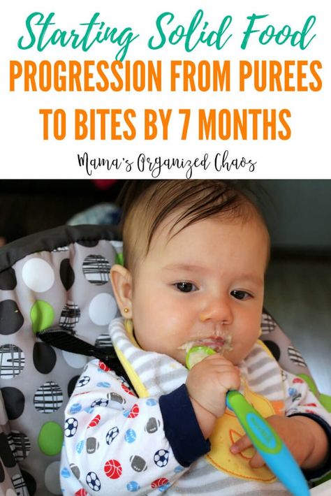 The progression of feeding solid foods to your baby. Starting at 4 to 6 months with purees, and working up to bite sized pieces by 7 months. #baby #solidfood #food #purees #feedingbaby 7 Month Old Food, 7 Month Old Baby Food, Awake Times For Babies, Starting Solid Foods, 7 Month Baby, Baby Solid Food, 7 Month Old Baby, Baby Feeding Schedule, Baby Schedule