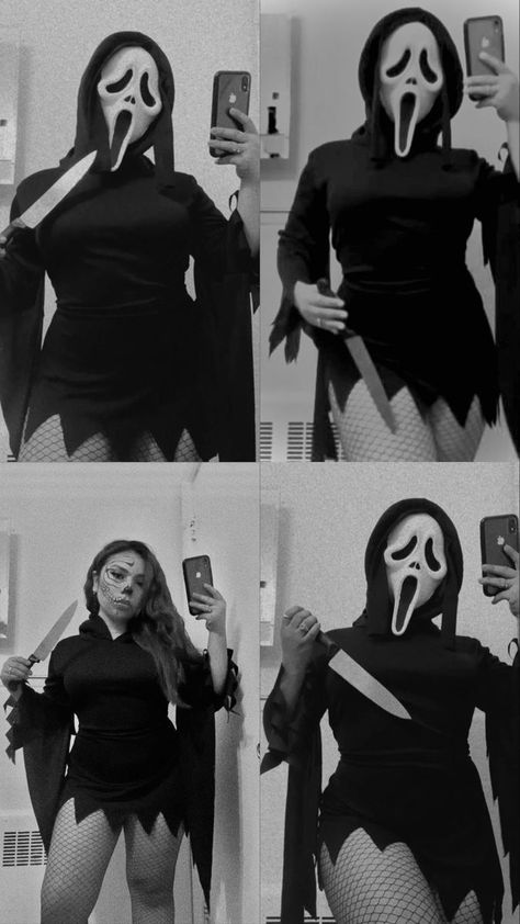 Scream Costume Woman Diy, Plus Size Scream Costume, Ghost Costume Ideas For Women, Ghostface Diy Costume, Ghost Face Makeup Look, Halloween Ghost Costume Women, Diy Ghostface Costume, Female Ghost Costume, Scream Woman Costume