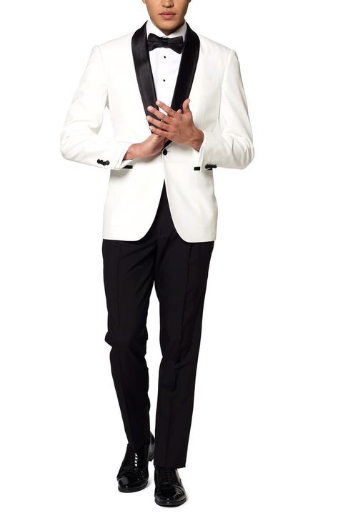 OppoSuits Pearly White Two-Piece Suit & Bow Tie | Nordstrom White Tuxedo Black Lapel, Black And White Suit For Men, Suit Bow Tie, Michael Jackson Jacket, Bride Stuff, Amber Wedding, Black Panther Costume, Tuxedo Bow Tie, White Tux