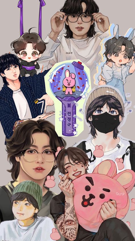 Fan art collage of Jungkook. Jungkook Anime Fanart, Jungkook Anime Fan Art, Bts Chibi Jungkook Cute, Jungkook Anime, Tiny Tan, Jungkook Wallpaper, Bts Art, Jungkook Songs, V Cute