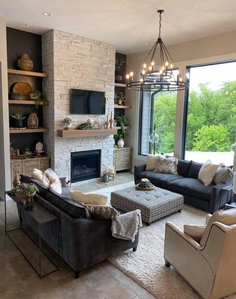 Urban Farmhouse Fireplace, Covered Outdoor Living Rooms, Living Room With Fireplace And Tv Layout, Fireplace With Cabinets On Each Side, Room Wall Tiles Design, Round Porch, Living Room Couches, Black Mantle, Built In Around Fireplace