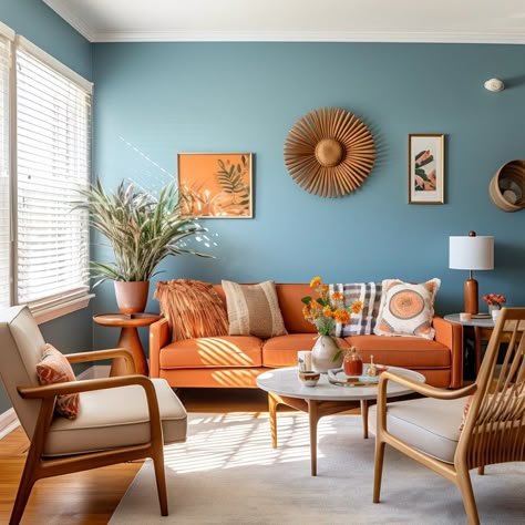 Blue Orange Room Aesthetic, Colour Accents Living Room, Orange In Living Room, Color Accent Living Room, Home Decor Orange, Interior Design With Blue Accents, Living Room Blue And Orange, Orange And Blue Room Decor, Light Blue And Orange Living Room