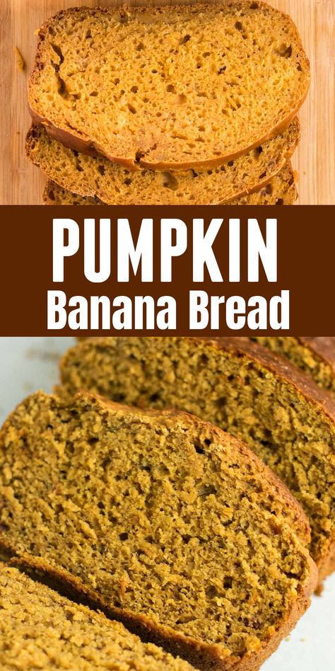 This healthy pumpkin banana bread recipe is perfect for fall baking! A delicious pumpkin bread made with greek yogurt. Pumpkin Banana Bread Healthy, Bread Made With Greek Yogurt, Healthy Pumpkin Banana Bread, Banana Sour Cream Cake, Pumpkin Banana Bread Recipe, Healthy Pumpkin Bread, Pumpkin Banana Bread, Pumpkin Loaf, Pumpkin Banana