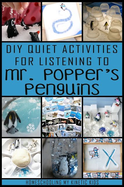 DIY Quiet Games and Activities for Listening to Mr Popper's Penguins as a Family Read Aloud or Audiobook // Homeschooling My Kinetic Kids // Charlotte Mason // fiction for kids // chapter books for kids // fireside family reading // penguin learning games and activities Mr Poppers Penguins Activities, Mr Poppers Penguins, Mr Popper, Sensory Writing, Penguin Unit, Tacky The Penguin, Kids Chapter Books, Penguin Activities, Penguin Day