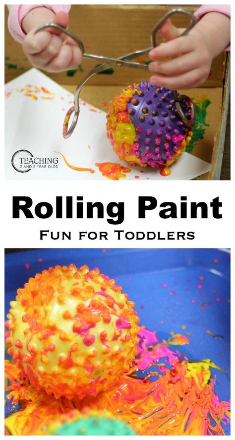 Toddler Painting with Balls - The alternative to marble painting with no choking hazards. We chose sensory balls because the texture leaves nice paint trails. Energetic toddlers especially love this activity! Teaching 2 and 3 Year Olds Toddler Process Art, Museum Activities, Sensory Balls, Curiosity Approach, Toddler Games, Preschool Play, Toddler Painting, Art Activities For Toddlers, Sensory Art