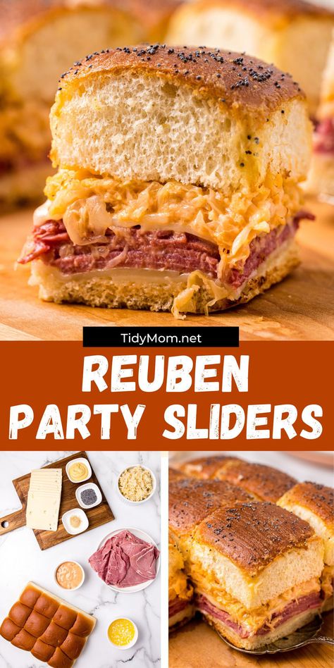 Sliders For Football Party, Ruben Sliders, Rueben Sliders, Game Day Sliders, Reuben Sliders, Baked Corned Beef, Reuben Recipe, Party Sliders, Sunday Food