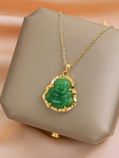 Green  Collar  Titanium Steel   Embellished   Women Fashion Jewelry Buddha Pendant Necklace, Jade Buddha, Necklace Luxury, Buddha Pendant, Green Gifts, Green Jade, Moon Pendant, Jade Green, Stainless Steel Rings