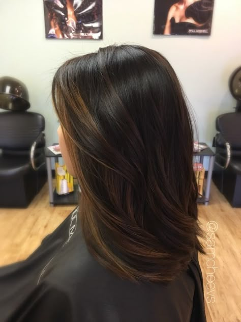 Balayage for dark hair // brown highlights for black hair // Asian - Indian - ethnic hair types // Instagram @samcheevs Best Highlights For Black Hair Short, Highlight Colour For Black Hair, Balayage For Dark Brown Hair Straight Medium, Black To Brown Balayage Short, Brown Lowlights In Black Hair, Short Hair Lowlights, Ombre Highlights For Dark Hair, Lowlights For Black Hair, Black Hair With Lowlights