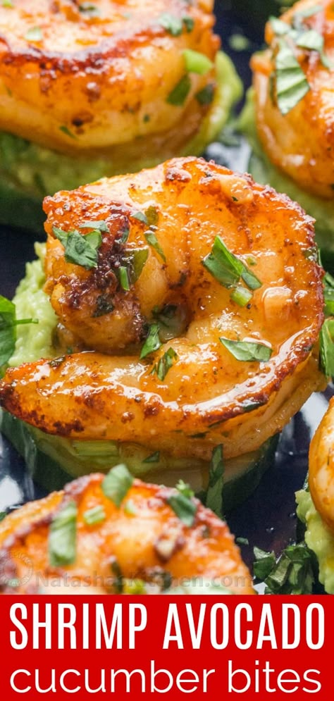 These shrimp appetizers have plump juicy cajun shrimp over creamy avocado on a crisp slice of cucumber. These shrimp cucumber bites are a delicious mouthful! | natashaskitchen.com Shrimp Cucumber Bites, Shrimp Appetizers Easy, Nye Appetizers, Bite Size Appetizers Easy, Avocado Appetizer, Shrimp Appetizer Recipes, Shrimp And Avocado, Shrimp Appetizer, Avocado Cucumber