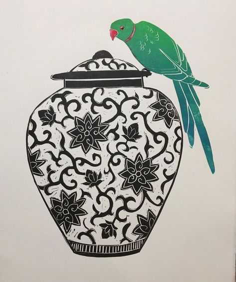 Celia Lewis on Instagram: “Chinese Urn with Parakeet. Linocut. 30cm x 40cm. £95 DM me if interested in purchasing. P&P included in the U.K. #linocut #printmaking…” Urn Drawing, Parakeet Drawing, Pet Caricature, Animal Caricature, Linocut Printmaking, British Art, Ginger Jars, Linocut, Dm Me