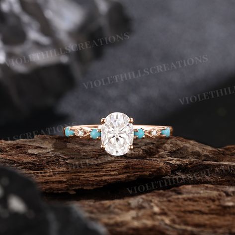 Vintage oval shaped moissanite engagement ring milgrain turquoise wedding ring rose gold rings for women promise ring personalized jewelry ⨞Handmade item                                                                                                       ⨞Materials: 14k, 18k Gold, Rose gold, White gold Ring size can be choose from the selection box. ----Ring Descriptions---- ⨞Engagement ring -Center Stone - Moissanite  Shape -Oval Cut  Size - 6*8m -Side Stones -Turquoise & Moissanite  Shape - R Wedding Band With Turquoise, Turquoise And Gold Wedding Ring, Western Promise Rings For Teens, Outdoorsy Wedding Ring, Unique Engagement Rings Turquoise, Turquoise Wedding Rings Engagement, Promise Rings Western, Cowgirl Wedding Rings, Engagement Ring Turquoise