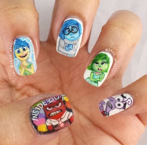 Nail design INSIDE OUT Instagram photo by just_alexiz Cartoon Nail Art, Beauty Hacks Nails, Hard Nails, Nail Art Disney, Pretty Nail Designs, A Bug's Life, Painted Nail Art, Disney Nails, Glam Nails