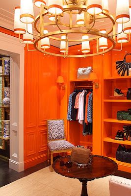 Orange Closet, Lacquer Walls, Picture Frame Moulding, Lacquered Walls, Hermes Orange, Glam Room, Custom Shades, Store Ideas, Boutique Interior