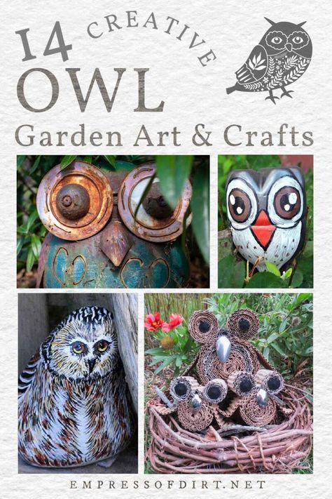 Examples of owl-inspired garden art and decor. Diy Owls Crafts, Diy Owl Decor, Owl Crafts For Adults, Diy Owl Crafts, Garden Art And Craft, Owl Crafts Diy, Owl Garden Decor, Owl Yard Art, Owl Garden Art