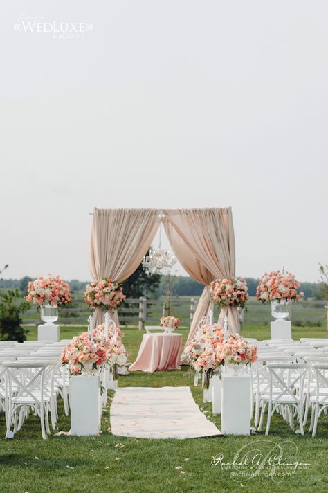 Outdoor Wedding Ceremony Decor Idea ~ Photography: Mango Studios Beautiful Wedding Colors, Arbors Ideas, Draping Decor, Ceremony Decorations Outdoor, Wedding Pillars, Wedding Ceremony Decorations Outdoor, Wedding Color Trends, Sofa Decoration, Most Beautiful Wedding