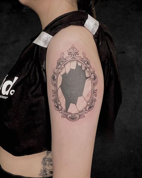 Gothic Cover Up Tattoos, Shattered Mirror Tattoo, Cracked Mirror Tattoo, Black Mirror Tattoo, Rear View Mirror Tattoo, Black Cover Up Tattoo, Mirror Tattoo Design, Hand Mirror Tattoo, Vintage Mirror Tattoo