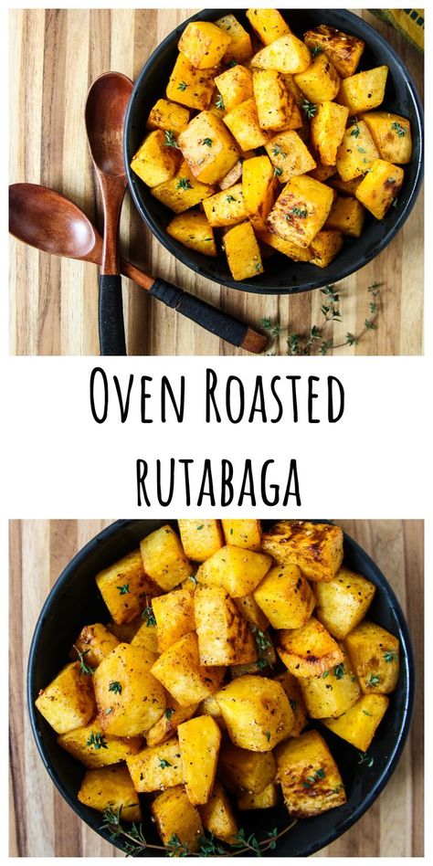 A black bowl full of roasted rutabaga cubes on a wooden board. How To Cook Rutabaga, Swede Recipes, Roasted Rutabaga, Rutabaga Recipes, Veggie Side Dish Recipes, Healthy Low Carb, Side Dishes For Bbq, Vegan Side Dishes, Side Dish Recipes Easy