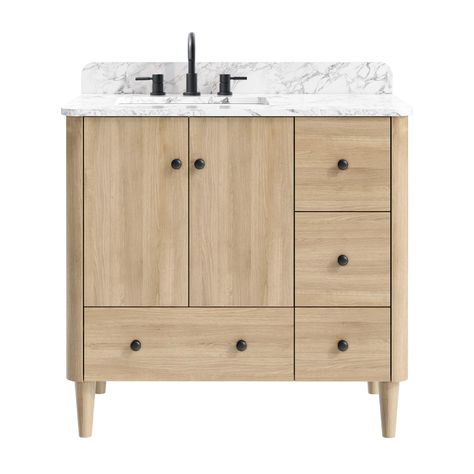 Leyah 37 in. Natural Oak Vanity with Carrara Marble Top Bathroom Vanity 33 Inch, Grey Wood Vanity Bathroom, 36” Bathroom Vanity, Light Wood Bathroom Vanity, Oak Vanity Bathroom, Kitchen Backsplash Inspiration, 36 Inch Vanity, Oak Vanity, Stone Vanity